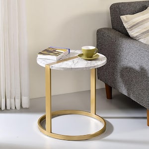 Fallston 17.75 in. Gold Coating and White Round Faux Marble Side Table