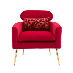 Modern Rose Red Velvet Accent Arm Chair with Golden Feet