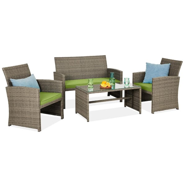 Taupe 4-Pieces Wicker Patio Conversation Set with Pistachio Cushions, 4 Seats, Tempered Glass Table Top