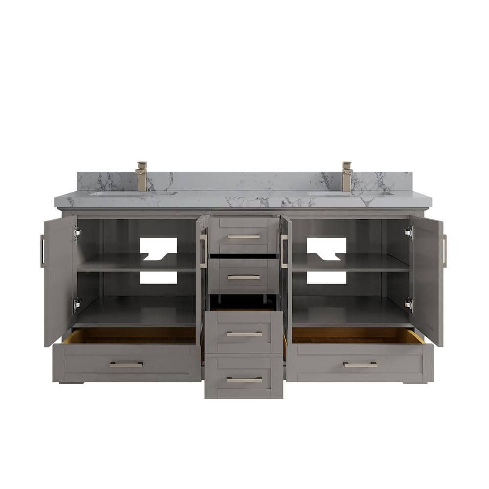 72 in Gray Double Sink Bathroom Vanity with Black Quartz Top