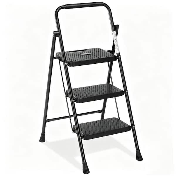 3-Step Lightweight Steel Step Stool (9 ft. Reach) with Safety Lock, 800 lb. Load Capacity, Black