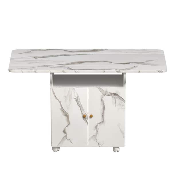 White Marble Texture Tabletop 47 in. Kitchen Island on 4 Wheels with Folding Table