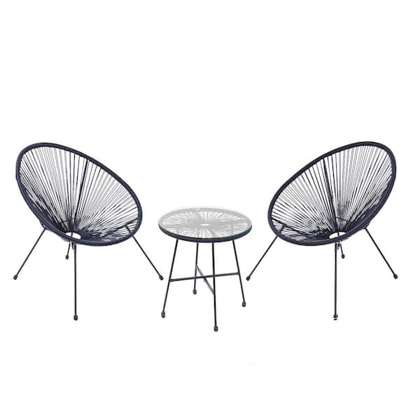 Unbranded 3-Pieces Navy Blue Outdoor Bistro PE wicker Chairs with Glass Top Coffee Table