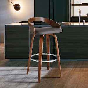 Sonia Walnut Wood 26 in. Counter Height Bar Stool with Gray Faux Leather