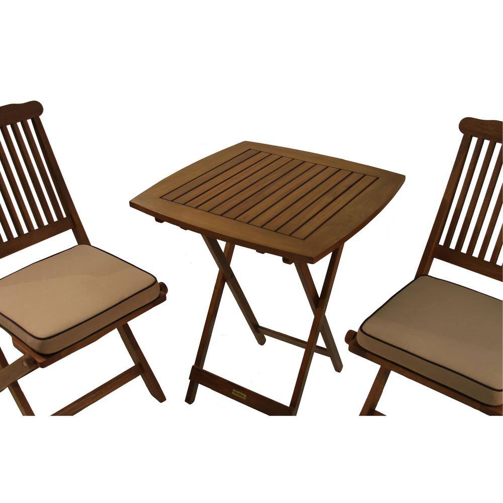 Outdoor Interiors 3-Piece Eucalyptus Outdoor Bistro Set with Beige Cushions - 3