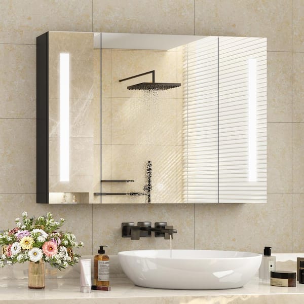FAMYYT 30 in. W x 26 in. H Black Rectangular Frameless Anti-Fog Dimmable LED Light Surface Mount Medicine Cabinet with Mirror