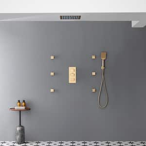 Luxury Thermostatic LED 4-Spray Patterns 12 in. Flush Ceiling Mount Rainfall Dual Shower Heads with 6-Jets in Brush Gold