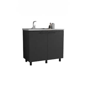 39.40 in. D x 20.70 in. W Undermount Stainless Steel Black Utility Sink with 2 Doors, 2 Shelves and Large Countertop