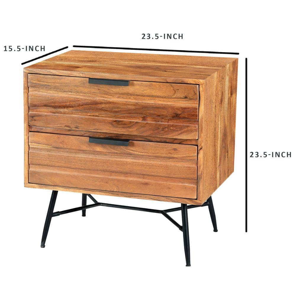 Luxury Acacia Wood 2-Drawer Nightstand with Metal Legs, Black and Brown
