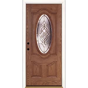 37.5 in. x 81.625 in. Lakewood Brass 3/4 Oval Lite Stained Medium Oak Right-Hand Inswing Fiberglass Prehung Front Door