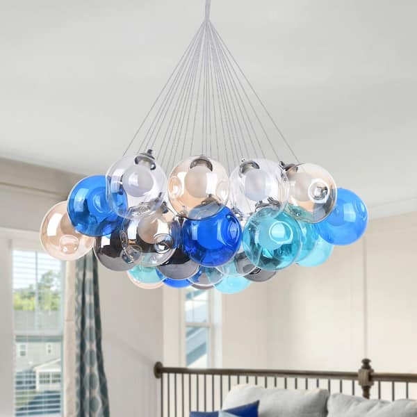 Y'INSP 25 Light Chrome Modern Bubble Cluster Globes Chandelier for Bedroom, Colorful Dimpled Blown Glass Hanging Ceiling Light