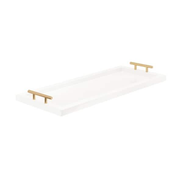 White Halsey Rectangle Decorative Tray with Gold Metal Handles Modern Glam Slim Serving Tray