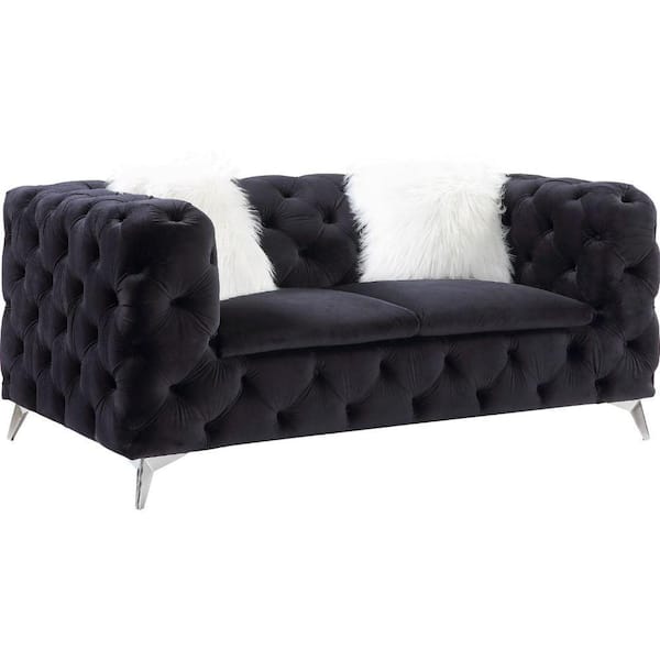 Benjara 38 in. Black Solid Fabric 2-Seater Loveseat with Tufted Fabric Seating and Metal legs