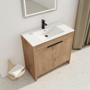36 in. Imitative Oak Freestanding Bathroom Vanity Plywood Storage Cabinet with White Ceramic Sink