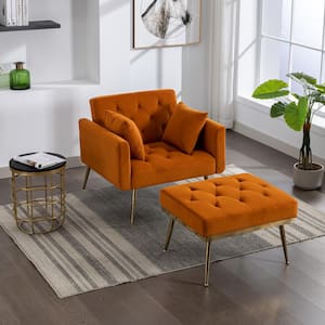 Orange Velvet Upholstered Accent Chair with 3-Positions Adjustable Backrest, Modern Arm Chair and Ottoman Set