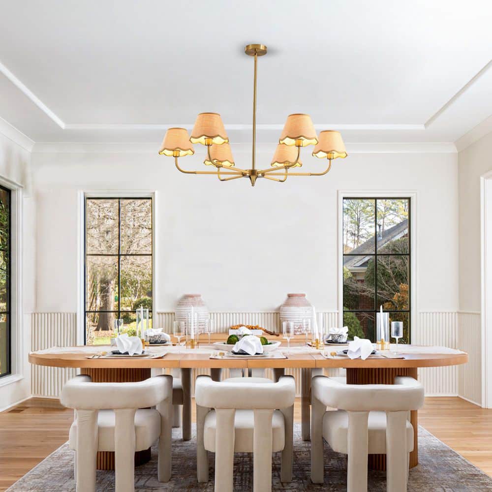 Keazile 38 in. Mid-Century 6-Light Gold Chandelier with Hand-Woven