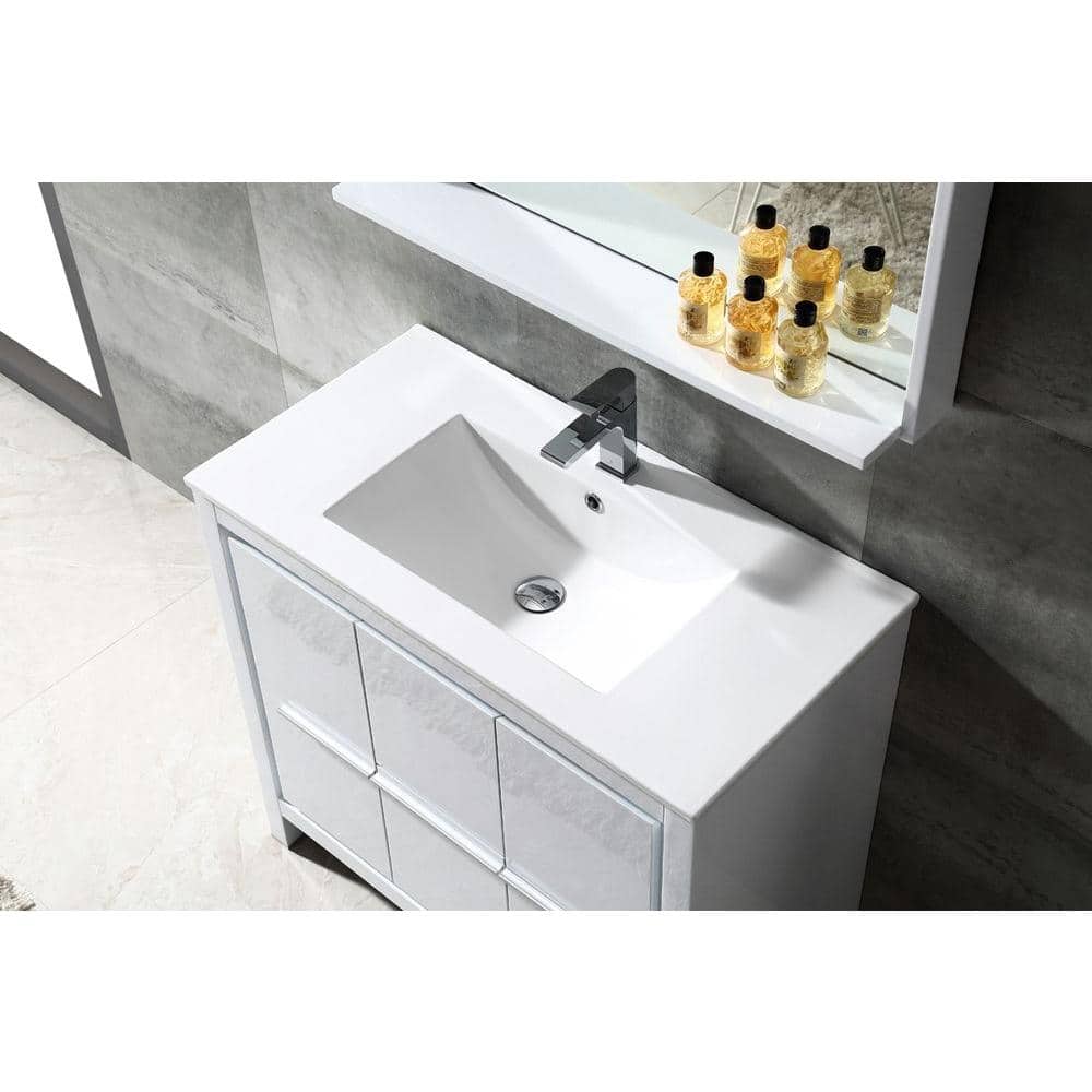Modern Glossy White 36" Plywood Vanity Set with Ceramic Top & Mirror