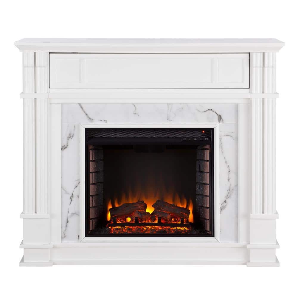 Southern Enterprises Rochester 48 in. W Faux Cararra Electric Media Fireplace in White, White with gray veined white faux marble -  HD605975