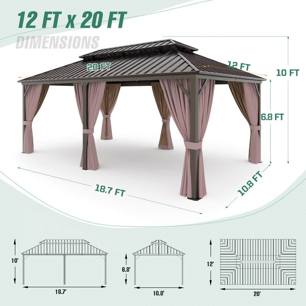 Extra Large Brown Metal Patio Gazebo with Dual Track Curtains