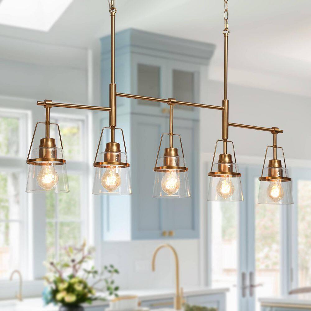 Mid-Century Modern 38 in. 5-Light Chandelier Plated Brass Ceiling Light with Bell Clear Glass Shade price history on PriceWatchPro