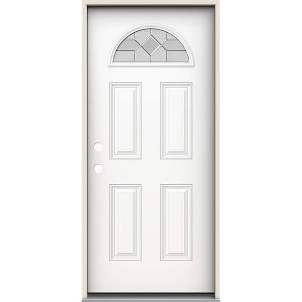 JELD-WEN 36 in. x 80 in. Right-Hand Fan Lite Decorative Glass Caldwell Modern White Fiberglass Prehung Front Door