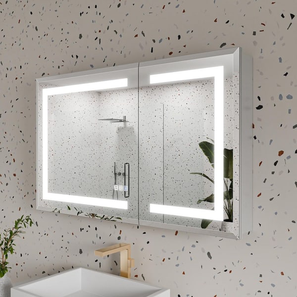 40 in. W x 24 in. H Rectangular Silver Aluminum Beveled Edge Dimmable Medicine Cabinet with Mirror Defogger
