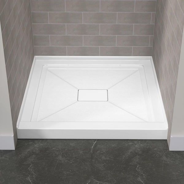 34 in. L x 34 in. W Alcove Shower Pan Base with Center Drain Hole and Magnetic Cover in White Square Shower Base