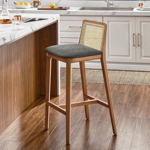 Monarch Wood Bar Stool with Cane Rattan Back and Padded Seat in Honey Natural Gray-Beech Wood Barstool