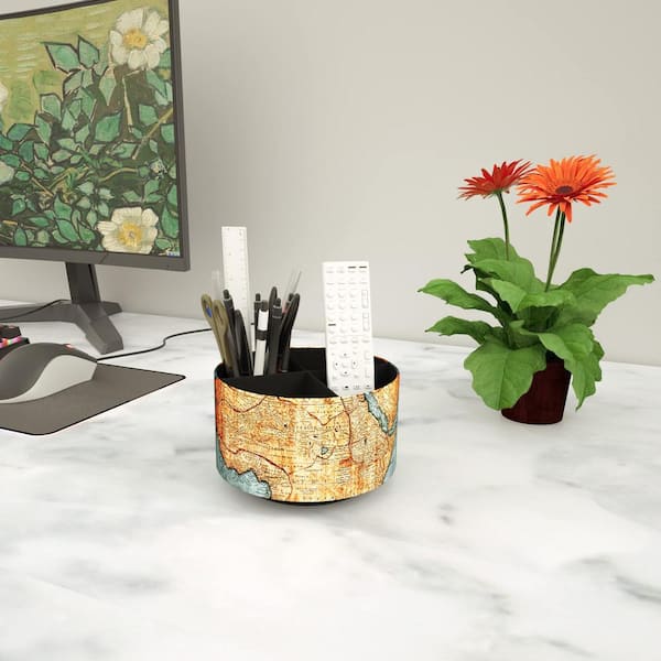Angel Sar 5.51 in. x 5.51 in. Round Leather Organizer, Remote Control Holder, Multi-Functional Desktop Organizer (Vintage Map)