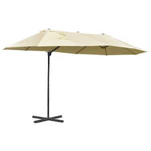 14 ft. Steel Double-Sided Outdoor Market Patio Umbrella in Beige with Crank, Cross Base