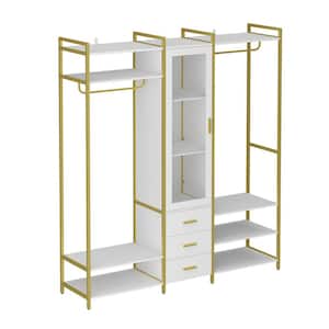 White and Golden Wooden and Metal 63 in. Width Armoire, Clothes Rack with 3-Drawers and 3-Shelves with Glass Door