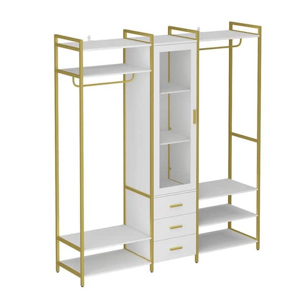 FUFU&GAGA White and Golden Wooden and Metal 63 in. Width Armoire, Clothes Rack with 3-Drawers and 3-Shelves with Glass Door