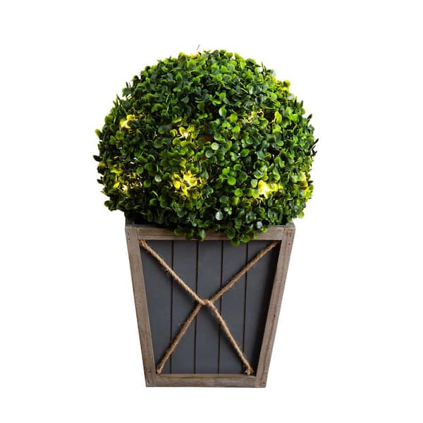 Nearly Natural 18 in. UV Resistant Artificial Boxwood Ball Topiary with LED Lights in Decorative Planter (Indoor/Outdoor)
