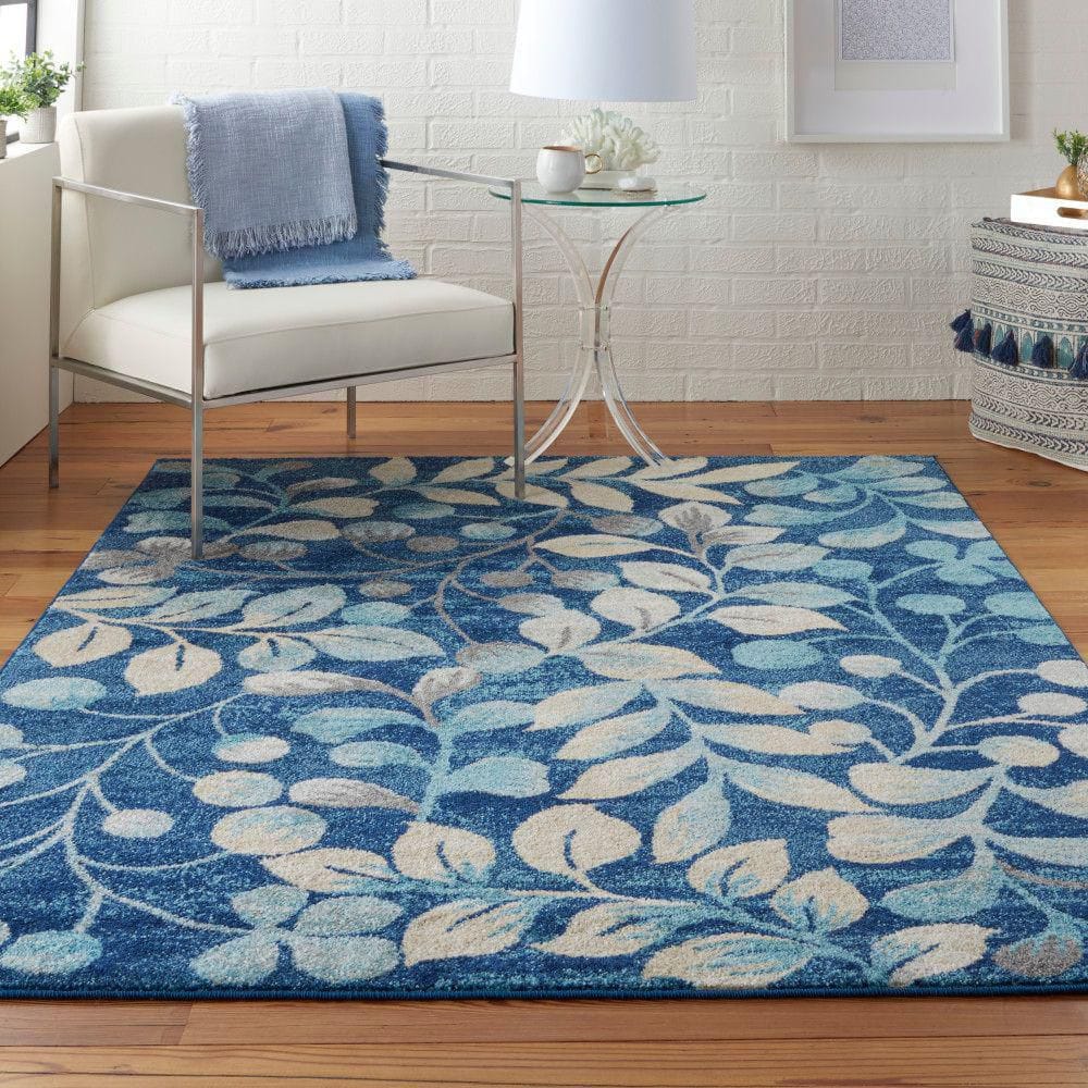 Elegant Navy Floral 5'3" x 7'3" Synthetic Easy-Care Area Rug