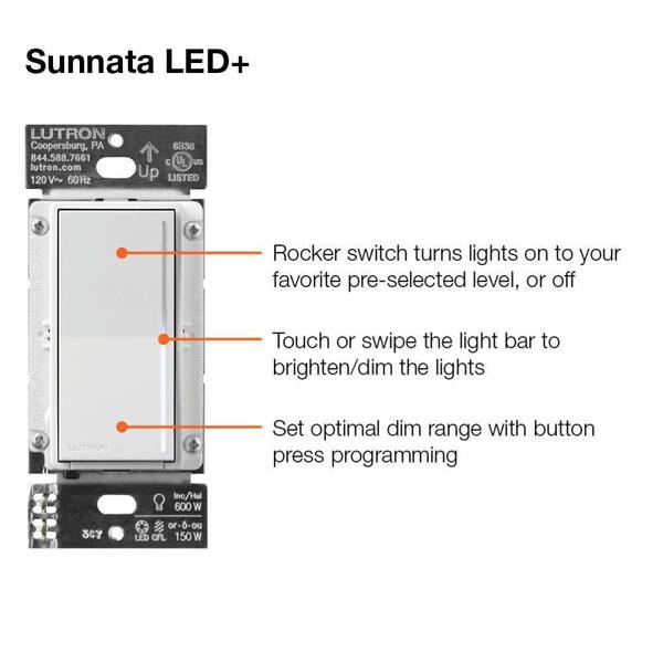 White Lutron Sunnata STCL-153PH-WH Touch Single Pole Dimmer LED White Lutron Sunnata STCL-153PH-WH Touch Single Pole Dimmer LED