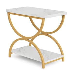 Kerlin 23 in. White&Gold Rectangular Wood End Side Accent Table Sofa Side Table with 2-Tier and Stylish Metal Frame