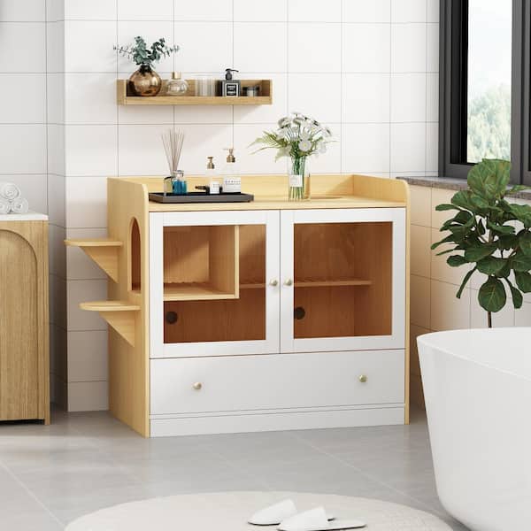 Extra Large Cat Litter Box Furniture Hidden, Cats Condo Pet House with Stairs, Indoor Cat Litter House, White with Log