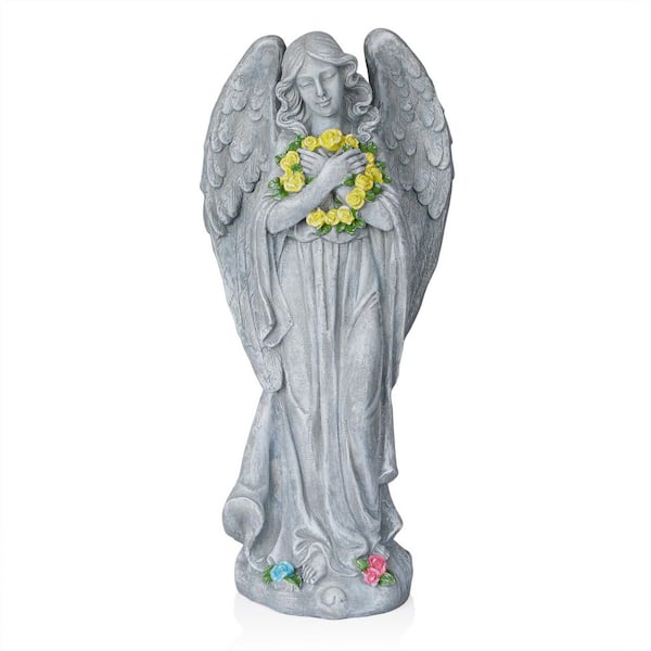 Alpine Corporation 29 in. H Angel Garden Statue with Yellow Flower Wreath, Multicolor