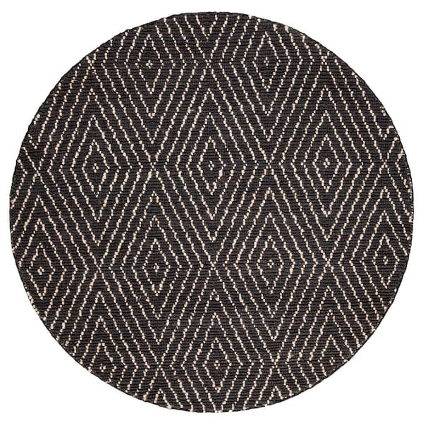 Bohemian 4 ft. x 4 ft. Round Black/Ivory Diamond Striped Area Rug