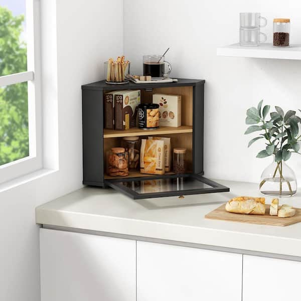 1 Piece Black Corner Bread Box 2 Layer Under Cabinet Mount Large Bread Storage Container Kitchen Counter Set