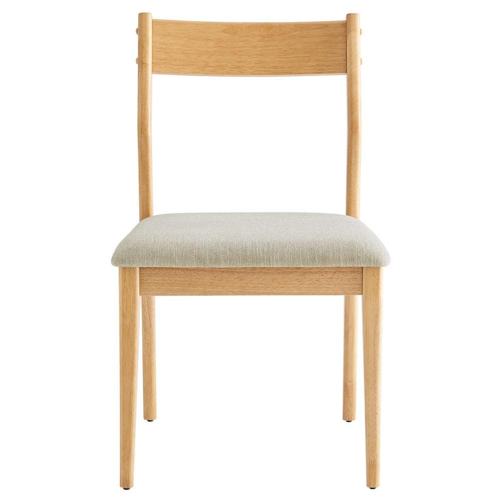 Natural Wood and Beige Upholstered Side Chair with Slat Back