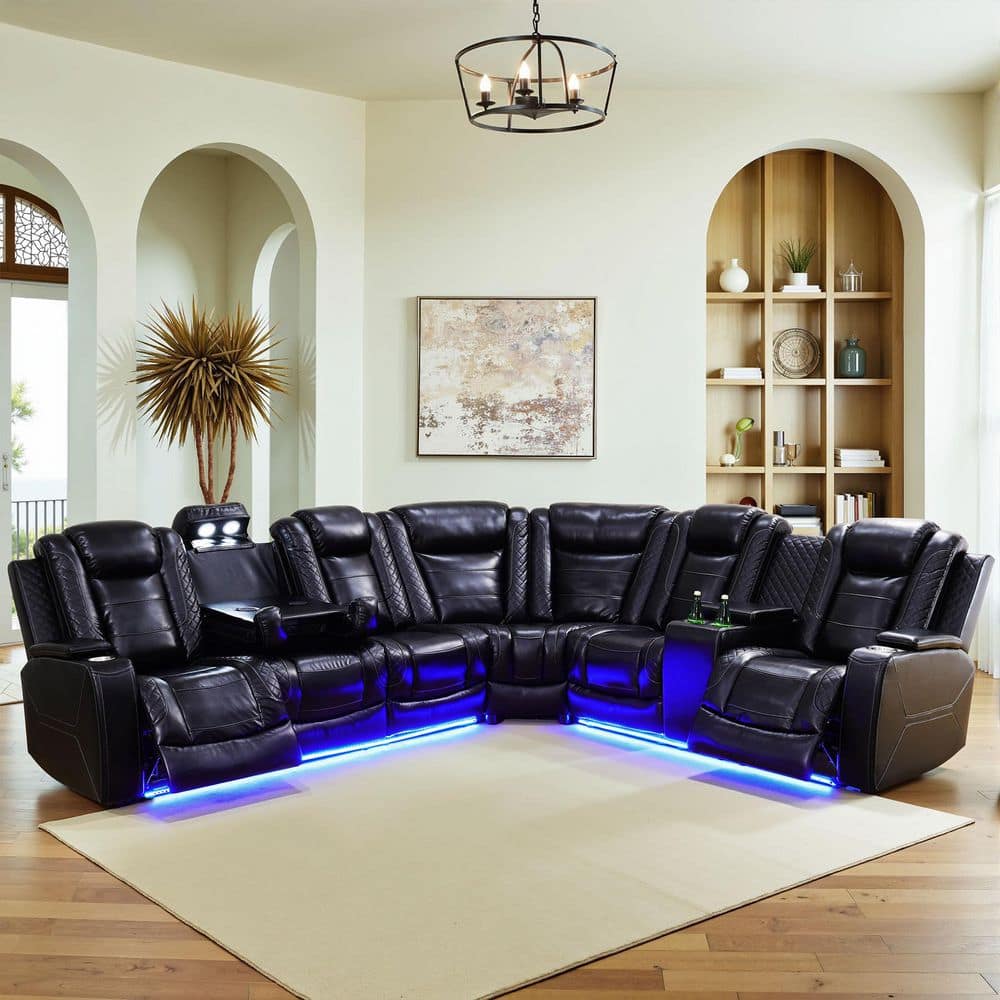 210 in. Overall Straight Arm Leather L-Shape Recliner Sofa Set in Black, 6 Seats Sectional with USB, Wireless Charging price history on PriceWatchPro