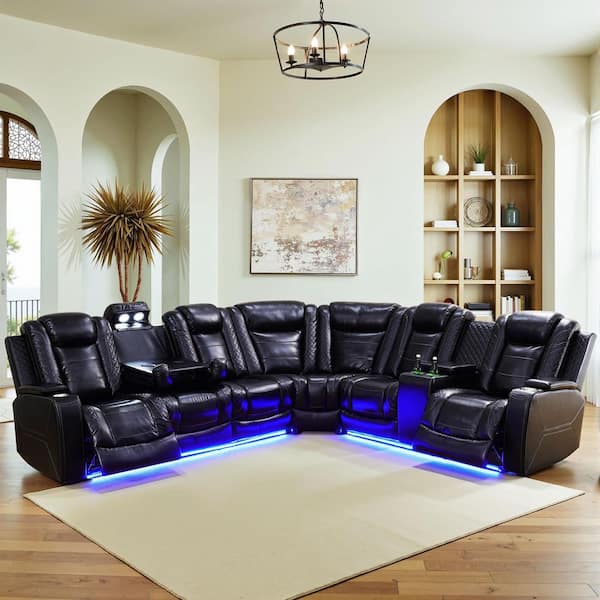 210 in. Overall Straight Arm Leather L-Shape Recliner Sofa Set in Black, 6 Seats Sectional with USB, Wireless Charging