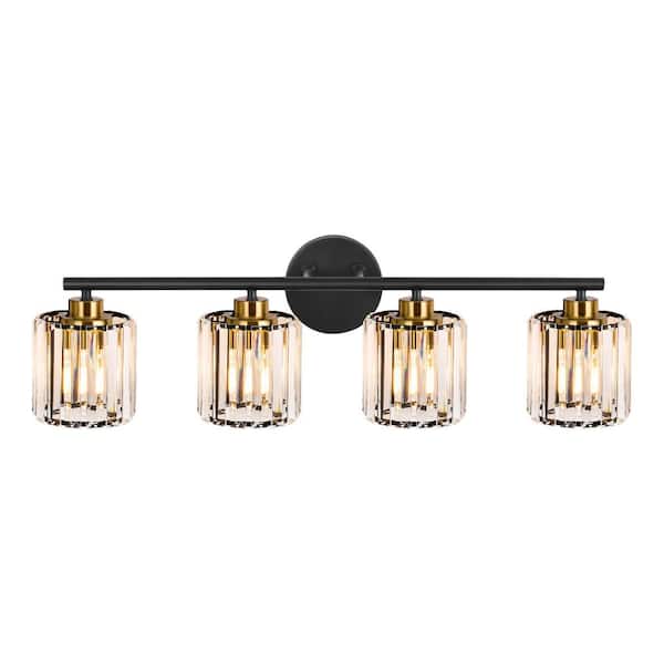 27 in. 4-Light Black and Gold Bathroom Vanity Light with Crystal Shades