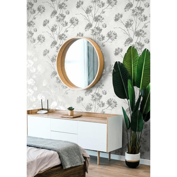 Metallic Silver Dandelion Floral Vinyl Peel and Stick Wallpaper Roll (40.5 sq. ft.)