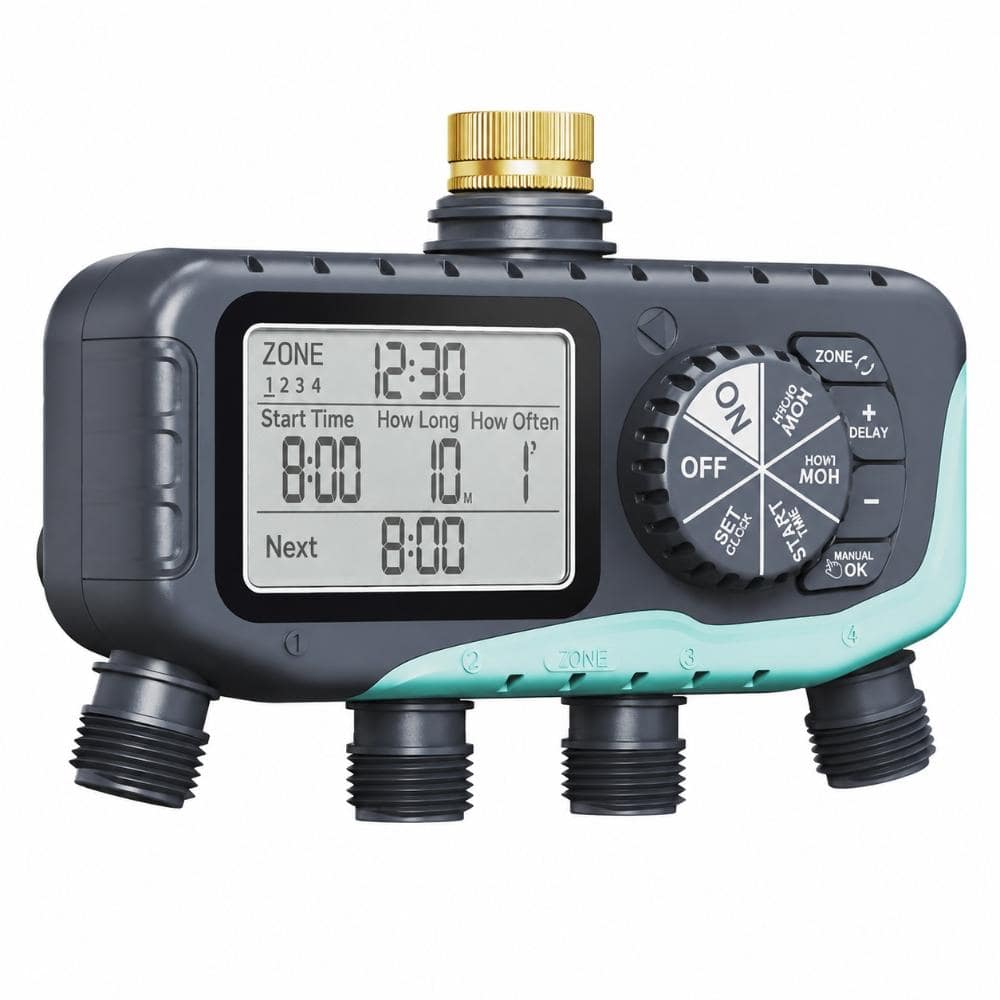 4-Zone Hose Water Timer, 4-Outlet Automatic Irrigation Controller with Rain Delay and Manual Mode for Lawn