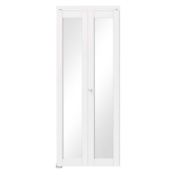 32 in. x 80 in. Full Lite White Mirrored Glass Solid Core MDF PVC Covering Bi-Fold Door with Hardware Kits