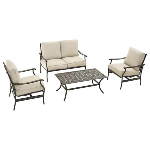 TOP HOME SPACE 4-Piece Metal Patio Conversation Set with Beige Cushions