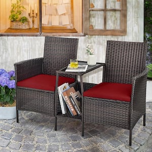 1-Piece Wicker Patio Conversation Set Sofa Loveseat Glass Table with Red Cushions