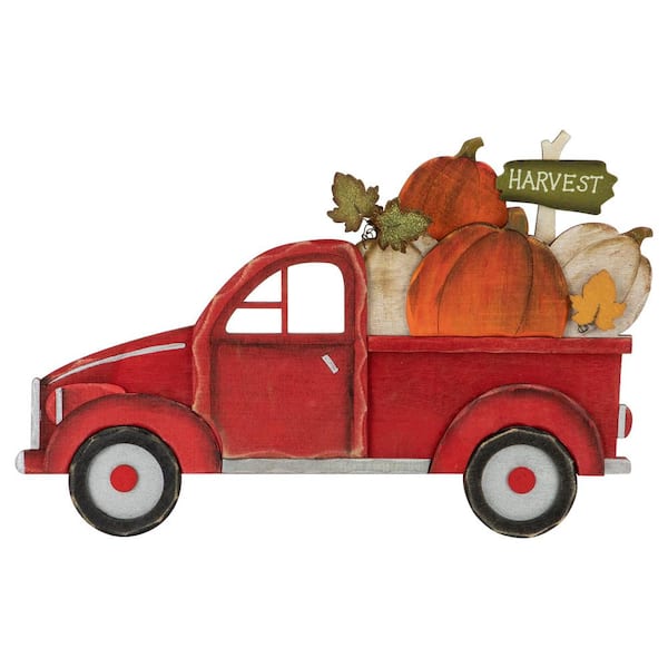 14 in. Red Truck with Pumpkins Fall Harvest Sign Decoration